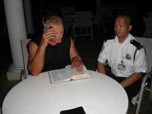 Night Bible study with our guard friend Ronnie